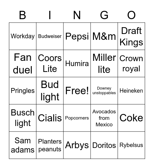 Super Bowl commercials Bingo Card