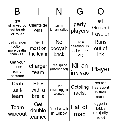 splatoon 3 Bingo Card