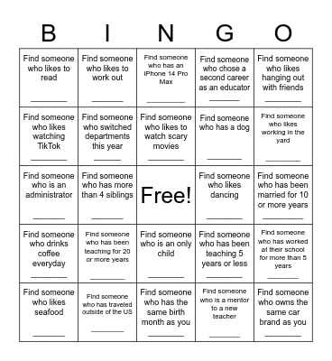 Get to Know You BINGO! Bingo Card