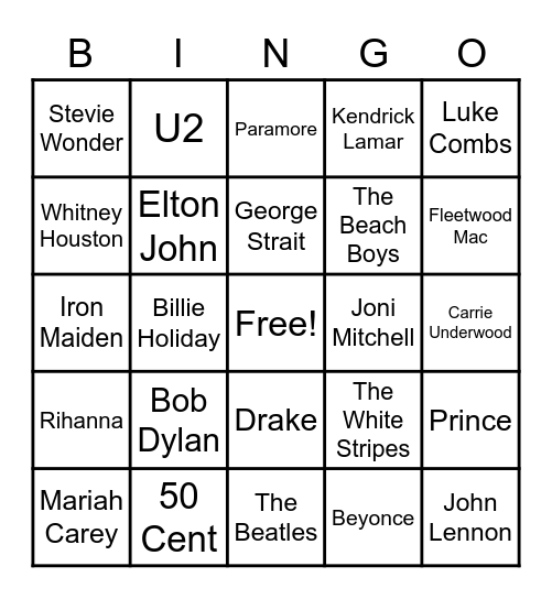 Popular Artists Bingo Card
