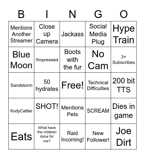12 Hour Stream Bingo Card