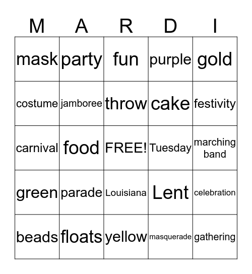 Mardi Gras Bingo Card