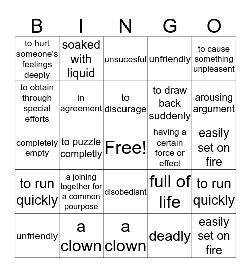 Joseph Stryker Vocabulary Bingo Card