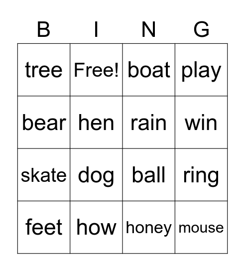 Rhyming words Bingo Card