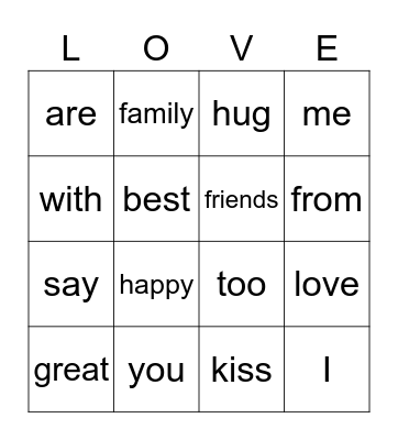 I Love You Bingo Card