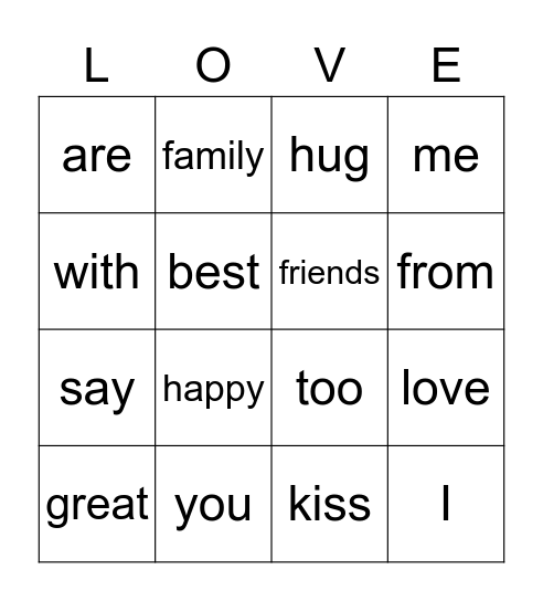 I Love You Bingo Card