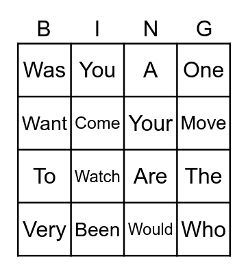 Sight Words Bingo Card