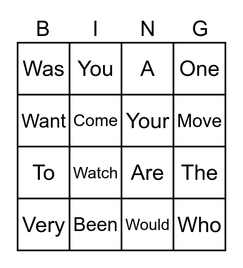 Sight Words Bingo Card