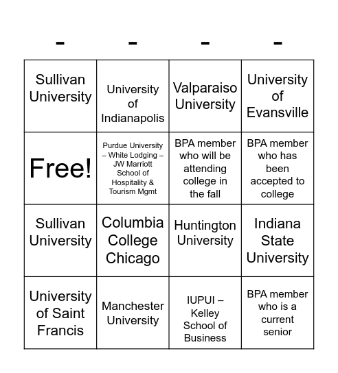 SLC College BINGO Card