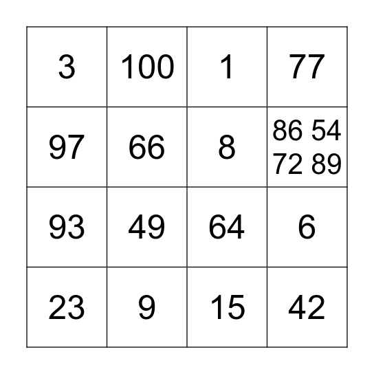Numbers Bingo Card