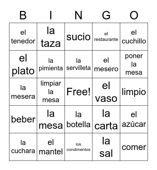 Poner la mesa Bingo Card