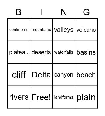 Landforms Bingo Card