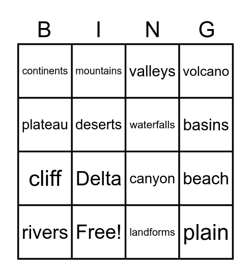 Landforms Bingo Card