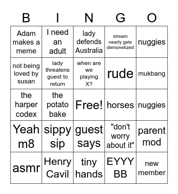 Lady's stream bingo Card