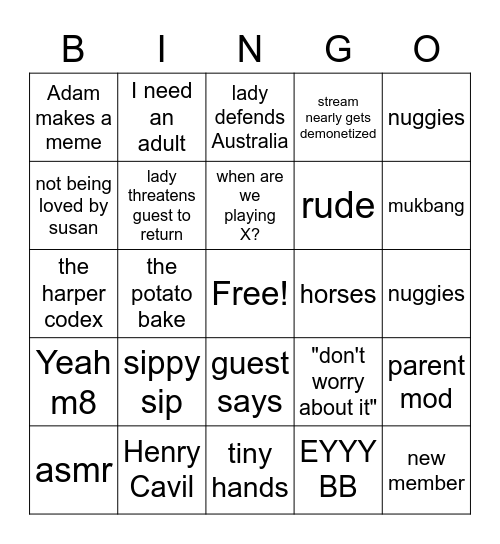 Lady's stream bingo Card