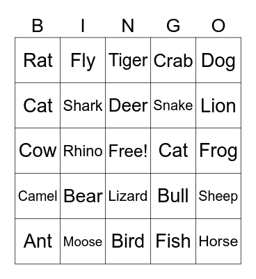 Animal Bingo Card