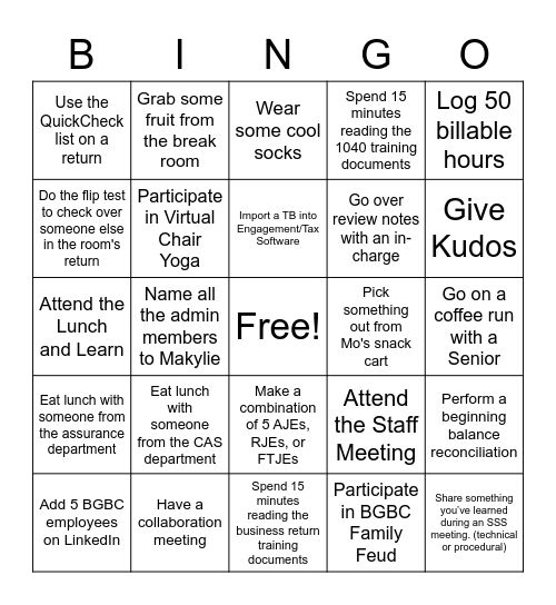 BGBC Bingo - Weeks 5 & 6 Bingo Card