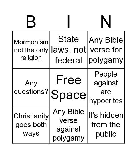 Polygamy Bingo Card