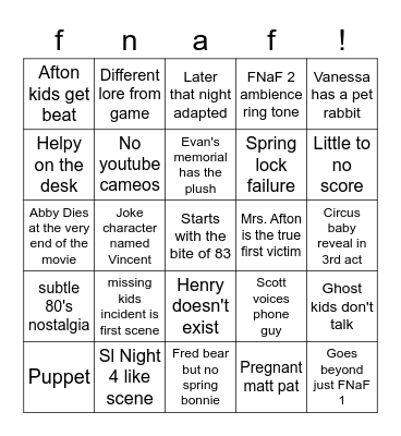 FNaF movie bingo Card