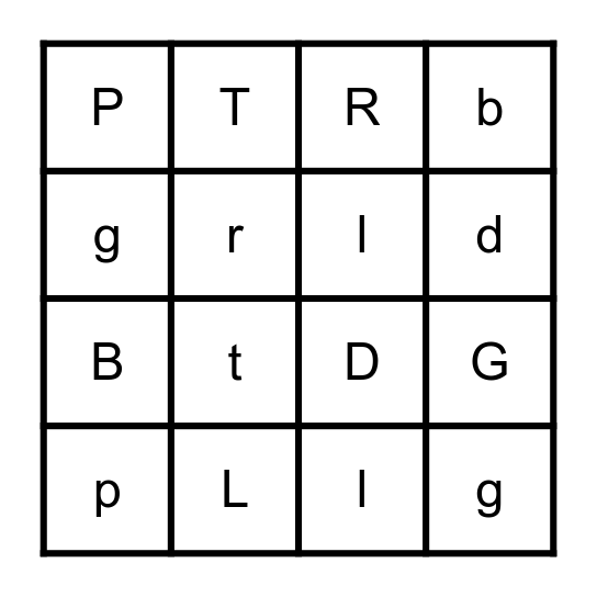 Letter Review: L, G, R, P, B, T, D Bingo Card
