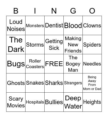 Things We Are Afraid Of Bingo Card