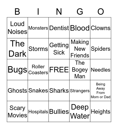 Things We Are Afraid Of Bingo Card