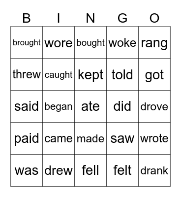 Irregular Verbs Bingo Card