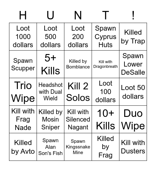 Hunt Bingo Card