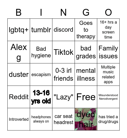 stereotyped Chronically online depressed teen bingo Card