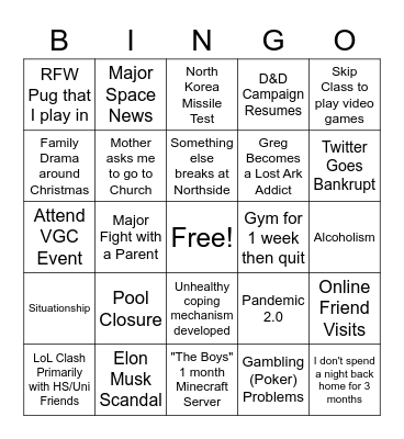 Greg's 2023 Bingo Board Bingo Card