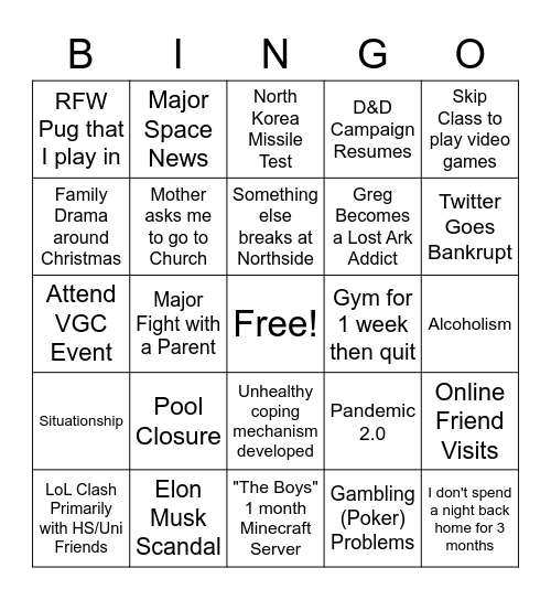 Greg's 2023 Bingo Board Bingo Card