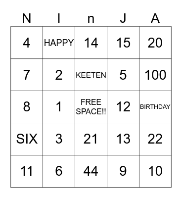 Keeten's Birthday Bingo Card