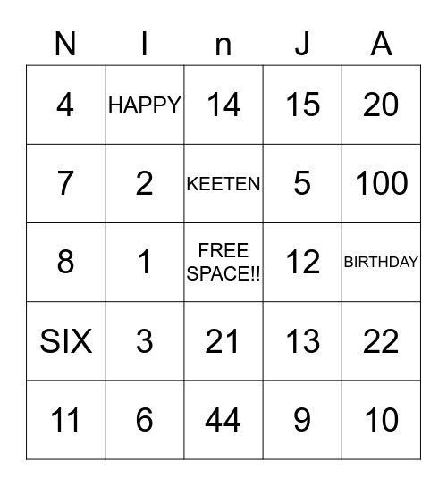 Keeten's Birthday Bingo Card