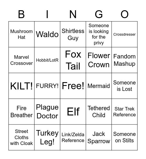 Renaissance Festival Bingo Card