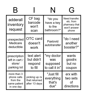 GE Pharmacy Bingo!! Bingo Card