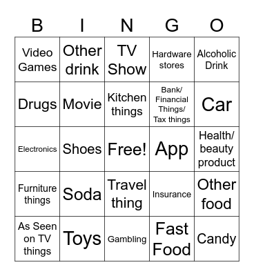 Anytime Commercial Bingo Card