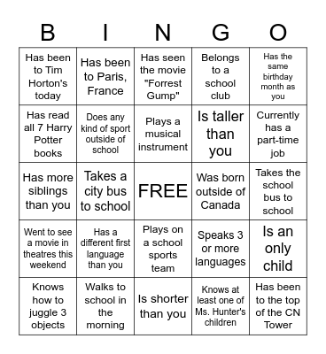 Classmates Bingo - Find someone who . . . Bingo Card