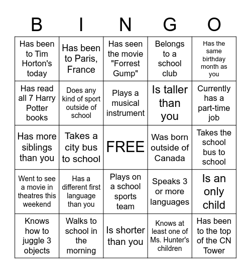 Classmates Bingo - Find someone who . . . Bingo Card