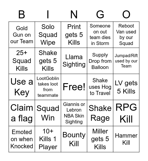 Shake Bingo Card