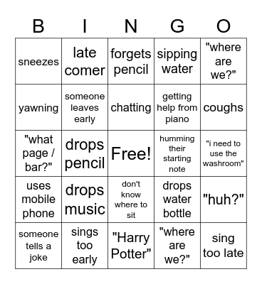 Choir Rehearsal Bingo Card