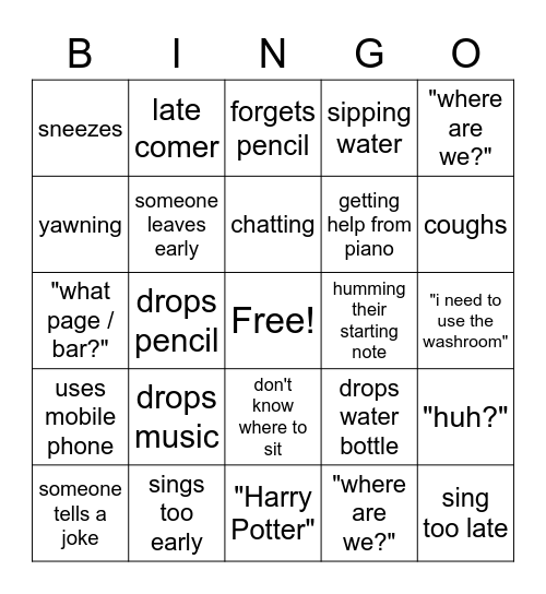 Choir Rehearsal Bingo Card