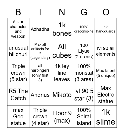 Genshin Bingo Card