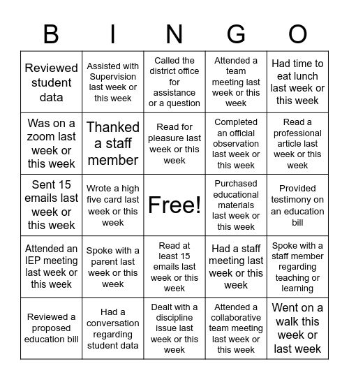 Admin Bingo Card