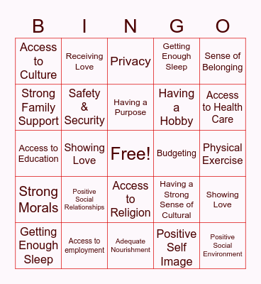 Wellbeing Bingo Card