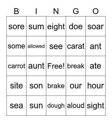 Homophones 2 Bingo Card