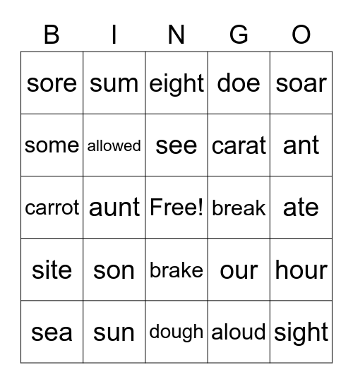 Homophones 2 Bingo Card