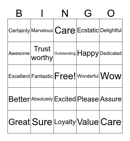 Positive Word's  Bingo Card