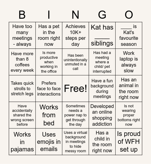 Bingo - WFH & Kat Edition Bingo Card