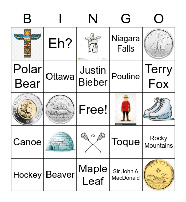 Canadian Symbols Bingo Card