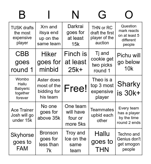 DPL Season 7 Auction Bingo Card